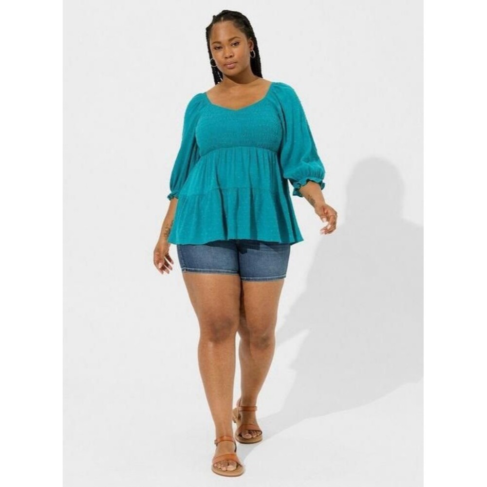 Torrid Crinkle Gauze Smocked Teal 3/4 Sleeve Blouson Tiered Top Size 2X